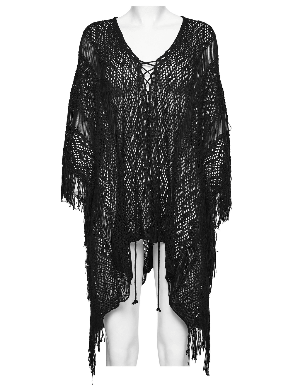 Goth Tassel Bat Sweater with Knitted Mesh and Drawstring