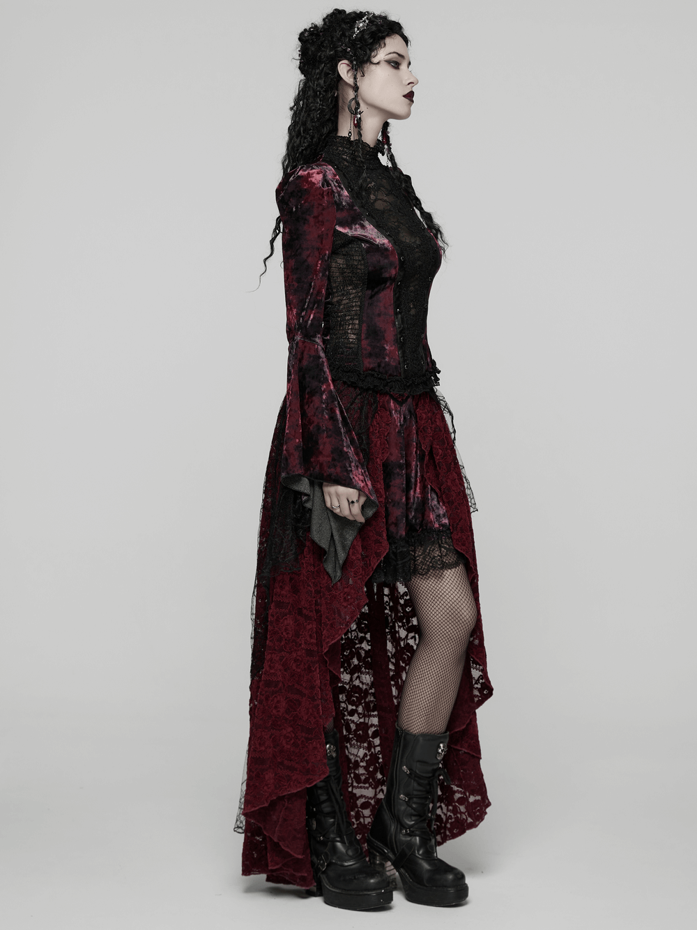 Goth Tie-Dye Velvet and Lace Long-Sleeved Top