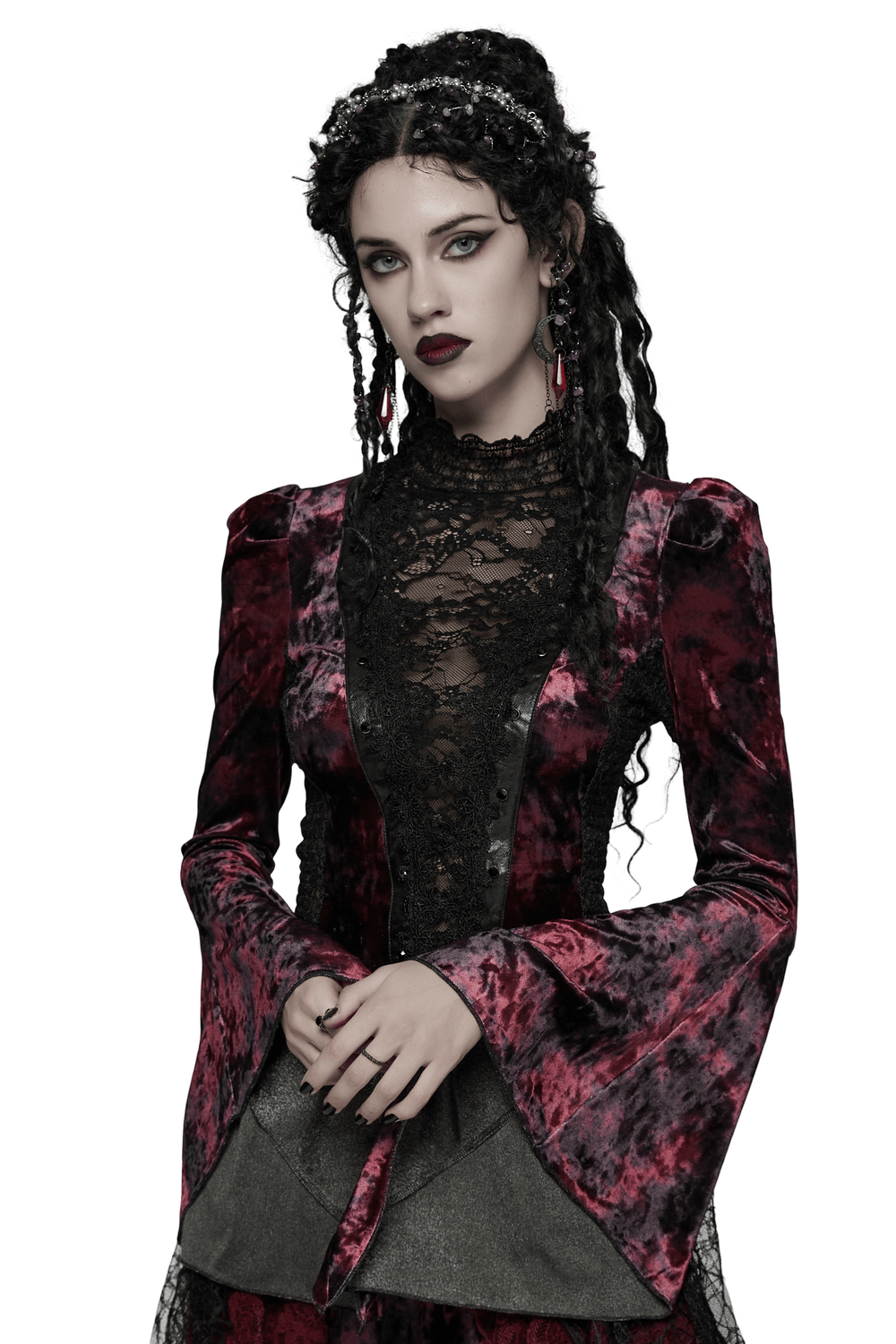 Goth Tie-Dye Velvet and Lace Long-Sleeved Top