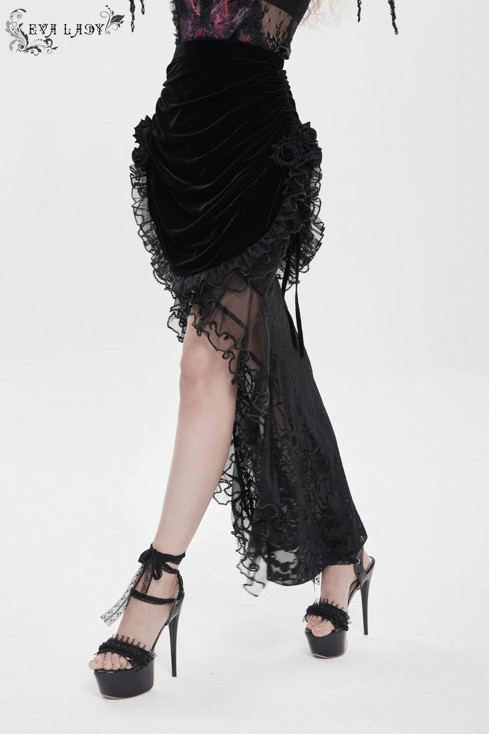 Goth Velvet and Lace Skirt with Ruffle and Rose Detailing