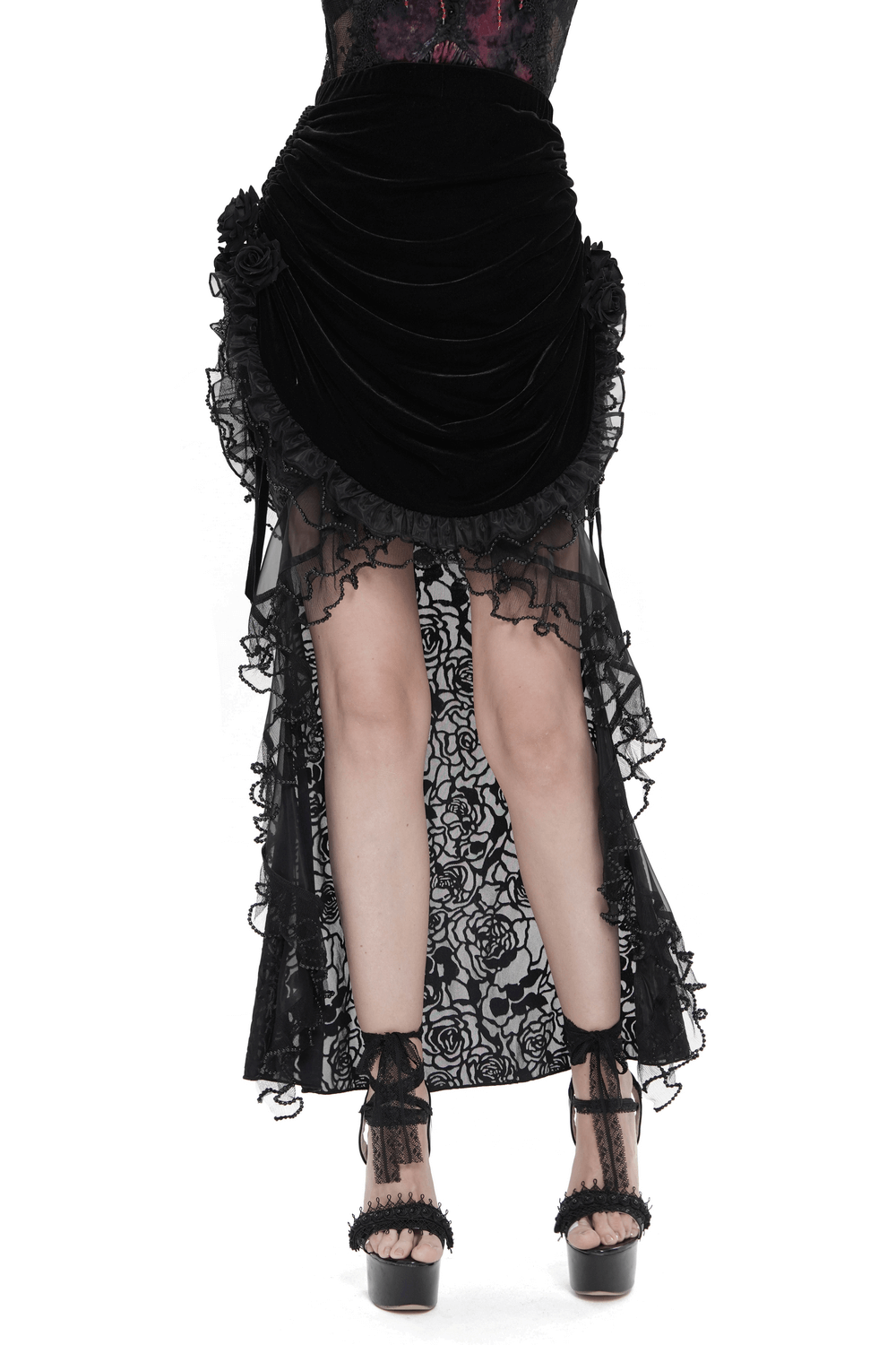 Goth Velvet and Lace Skirt with Ruffle and Rose Detailing