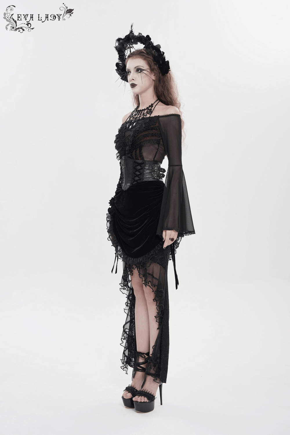 Goth Velvet and Lace Skirt with Ruffle and Rose Detailing