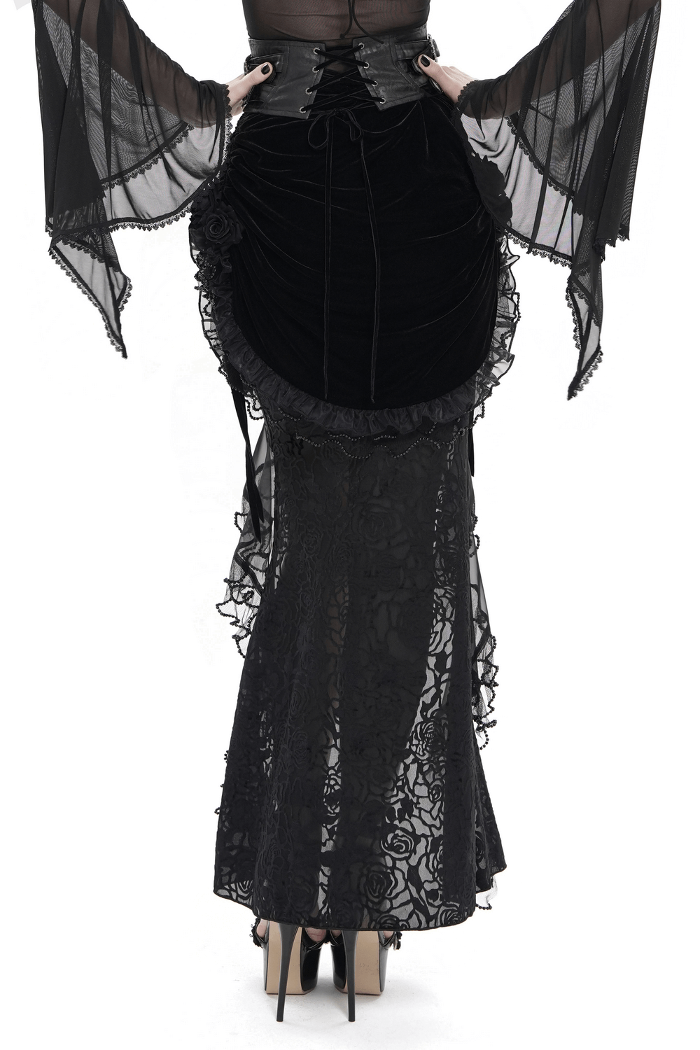 Goth Velvet and Lace Skirt with Ruffle and Rose Detailing