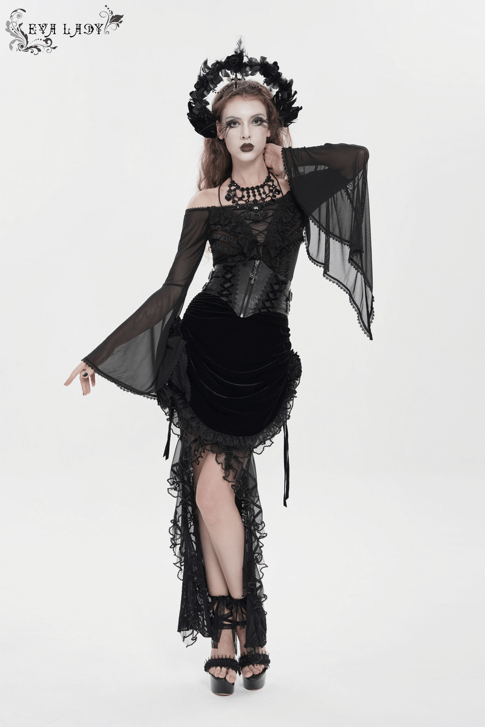 Goth Velvet and Lace Skirt with Ruffle and Rose Detailing