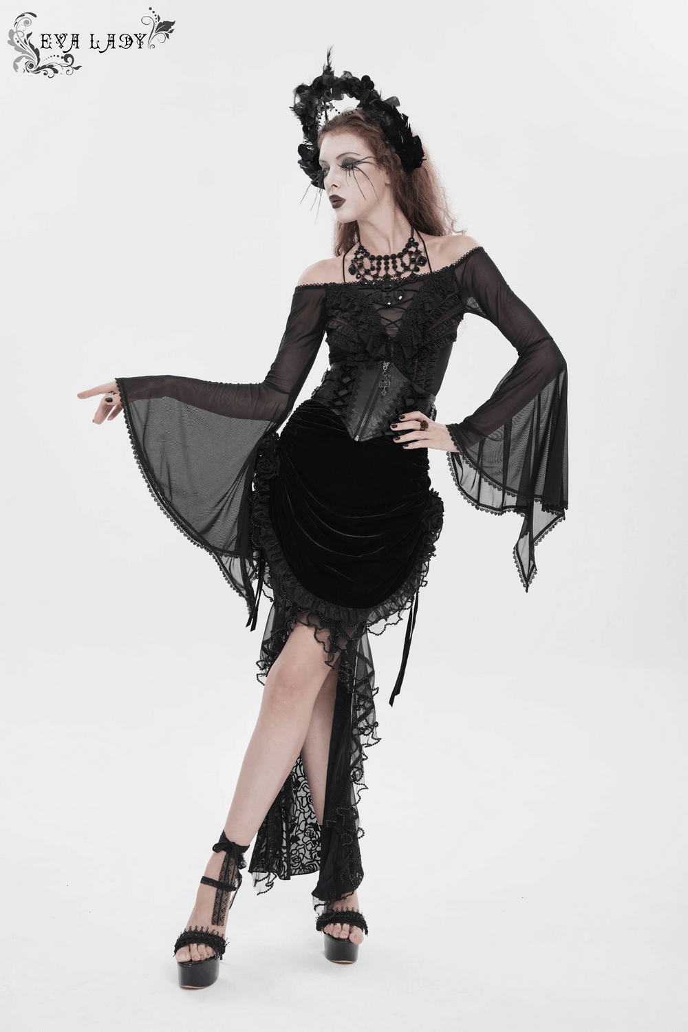 Goth Velvet and Lace Skirt with Ruffle and Rose Detailing