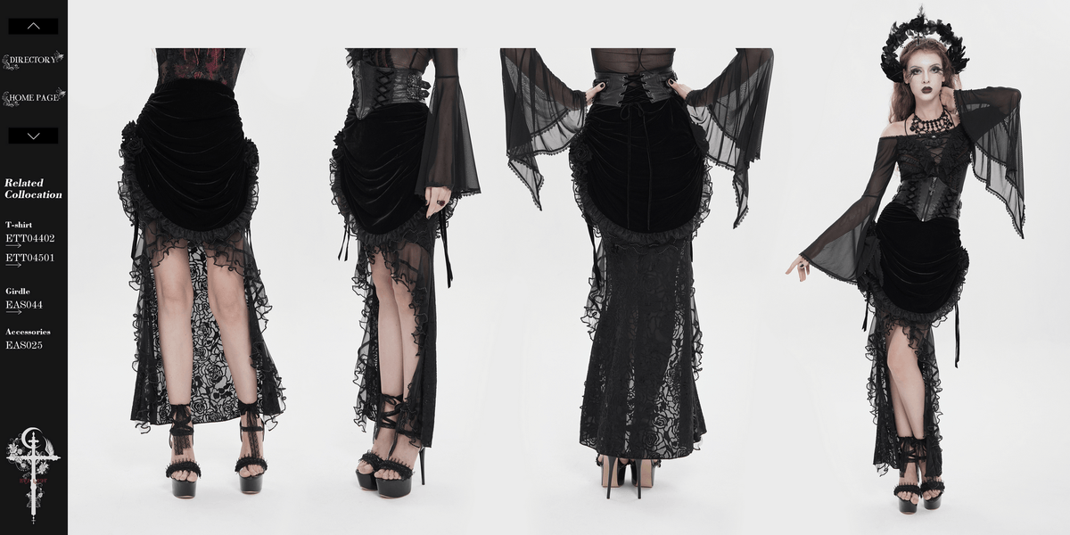 Goth Velvet and Lace Skirt with Ruffle and Rose Detailing