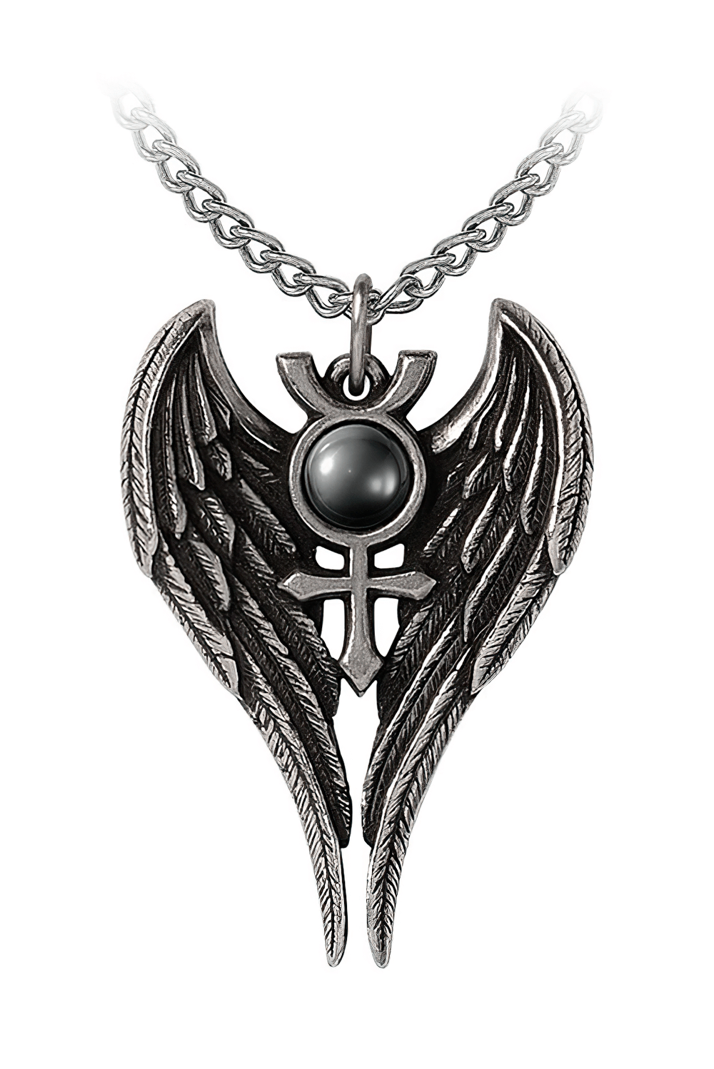 Gothic Angel Wing Pendant with Mercury Symbol and Stone