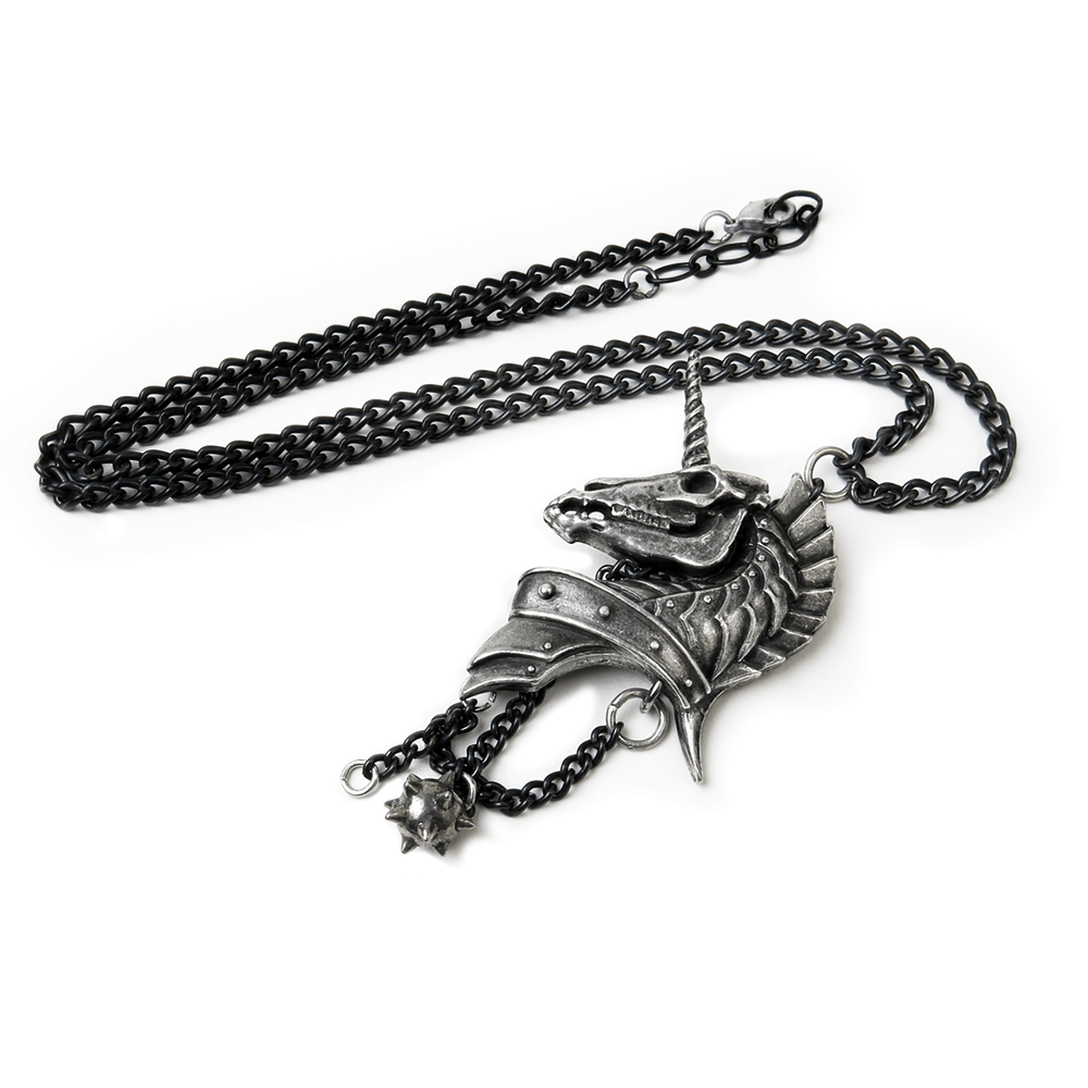 Gothic Antiqued Pewter Skeletal Unicorn Head Pendant