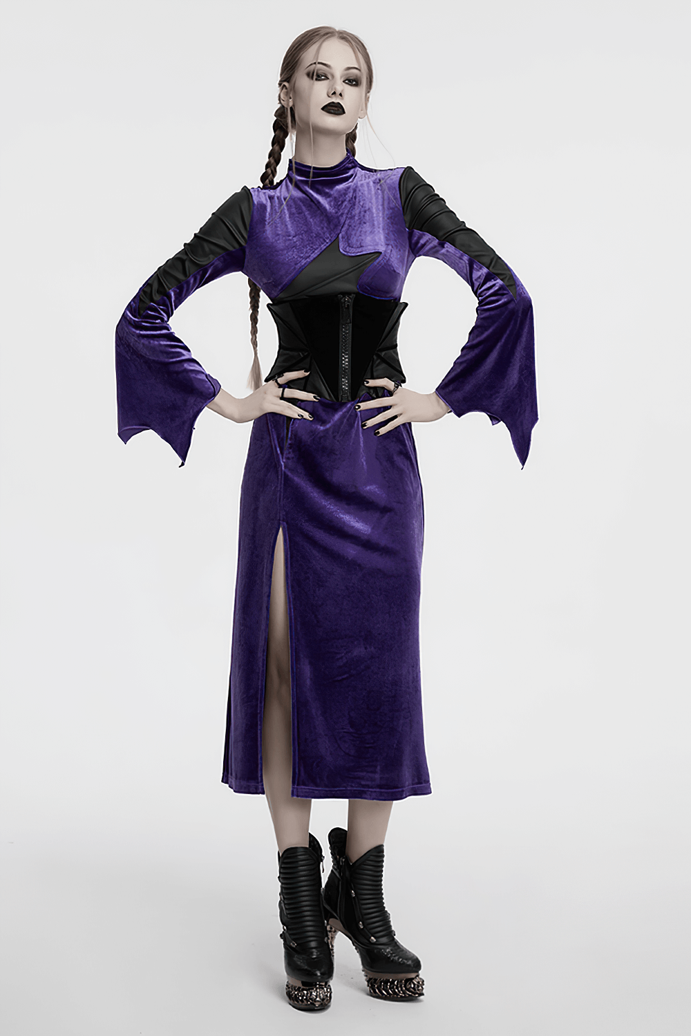 Gothic Bat Waist Corset Belt with Velvet and PU Panels