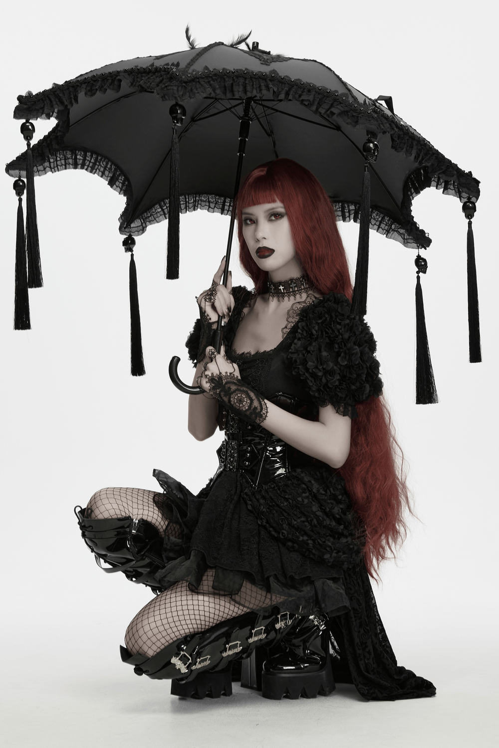 Gothic Bat Wing Parasol with Skull Tassel Details