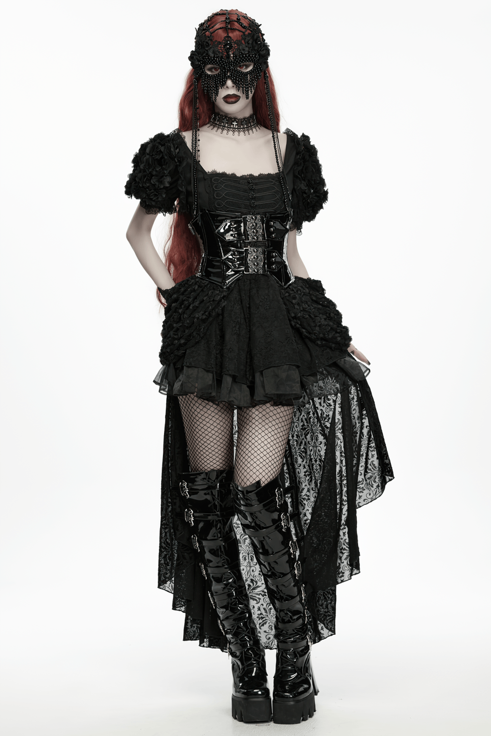 Gothic Beaded Lace Priestess Face Mask Headpiece
