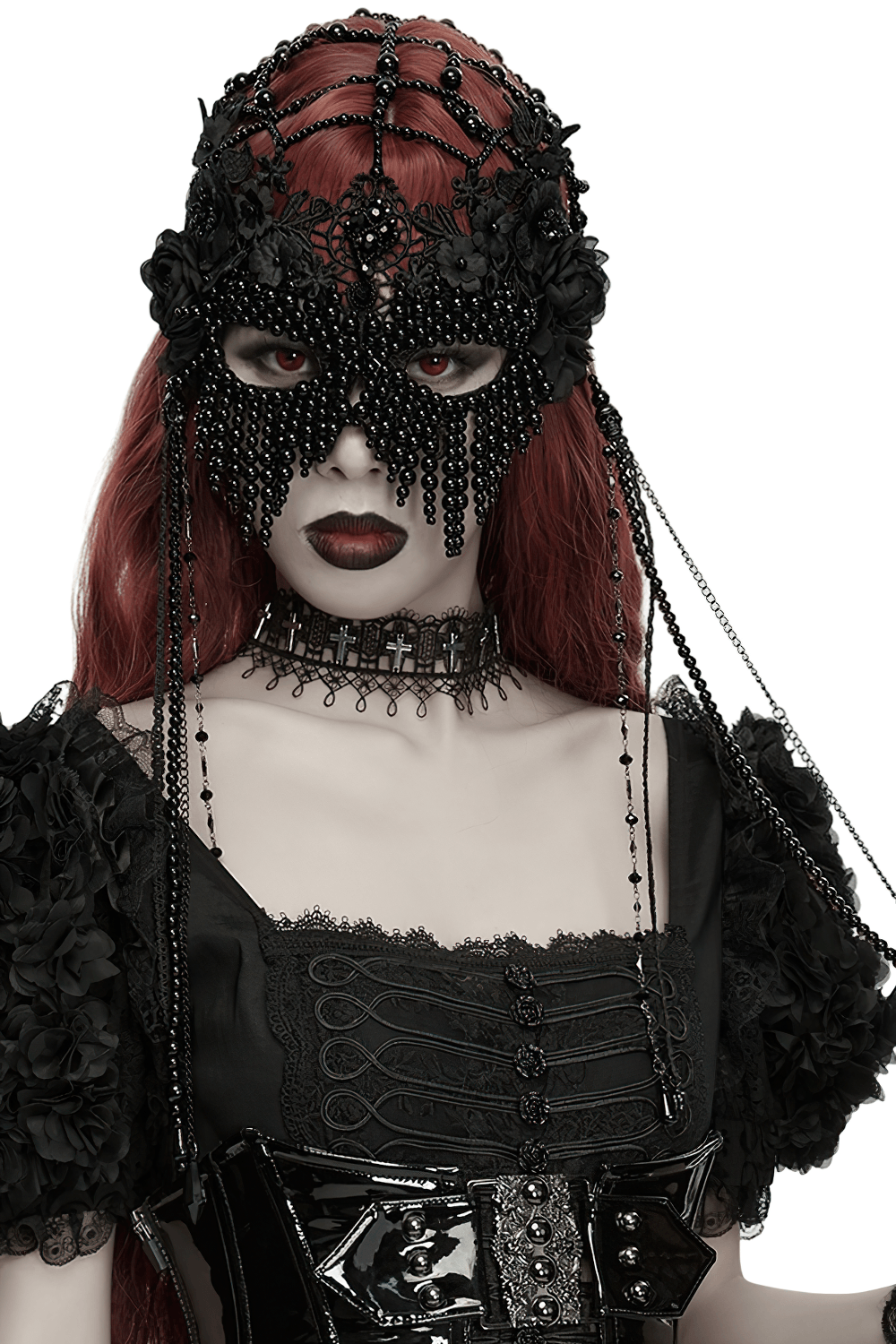 Gothic Beaded Lace Priestess Face Mask Headpiece
