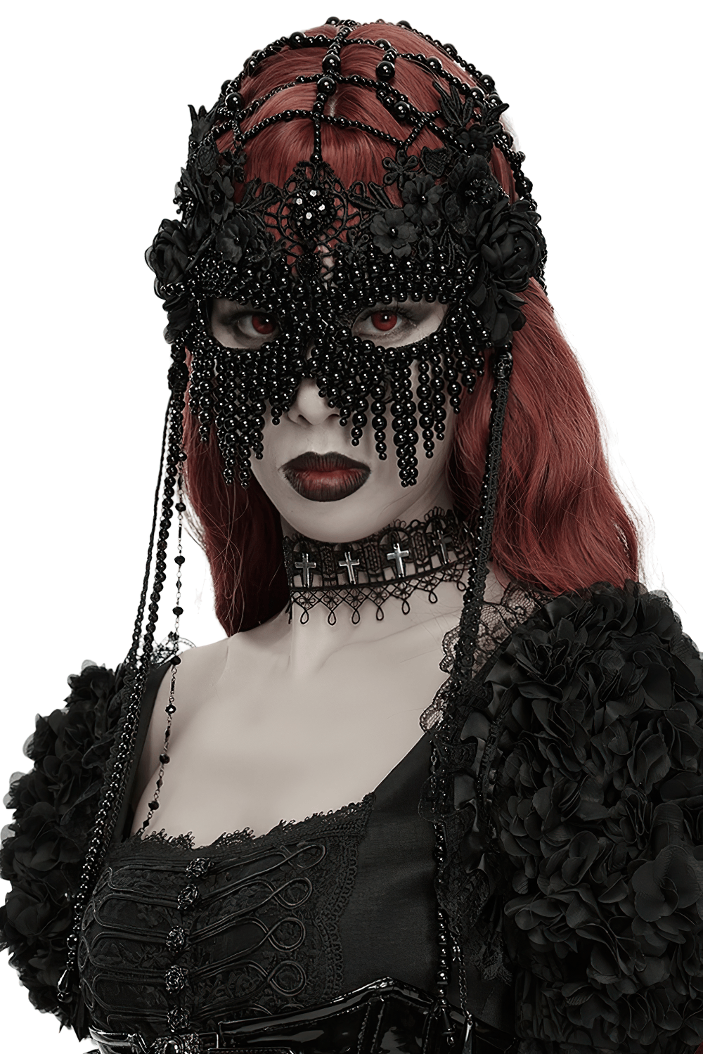 Gothic Beaded Lace Priestess Face Mask Headpiece