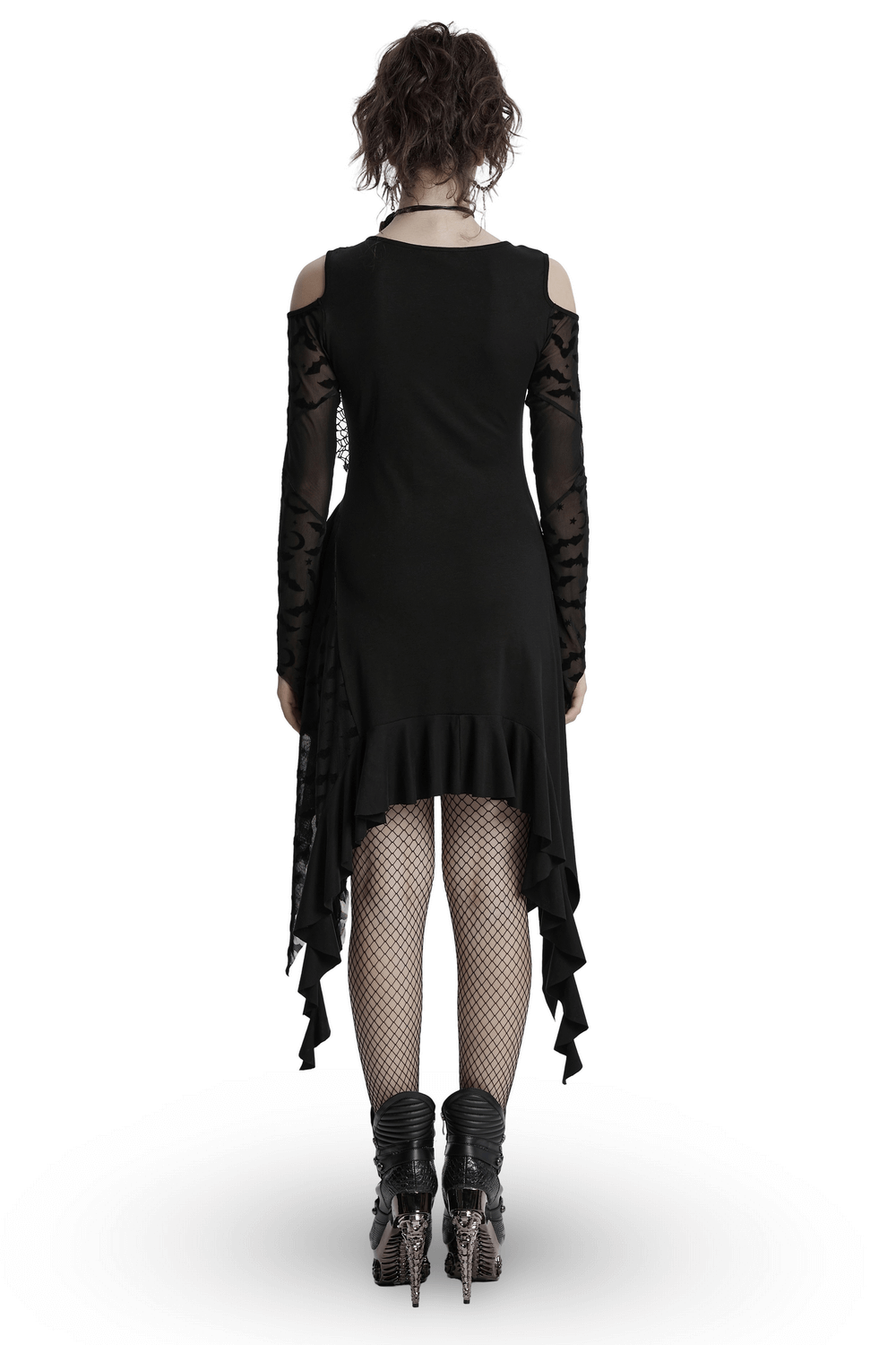 Gothic Black Bat Mesh Dress with Ruffled Hem and Sleeves