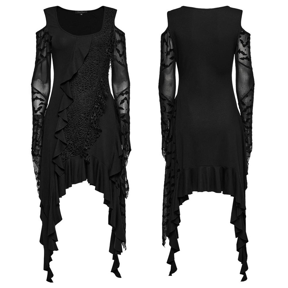 Gothic Black Bat Mesh Dress with Ruffled Hem and Sleeves