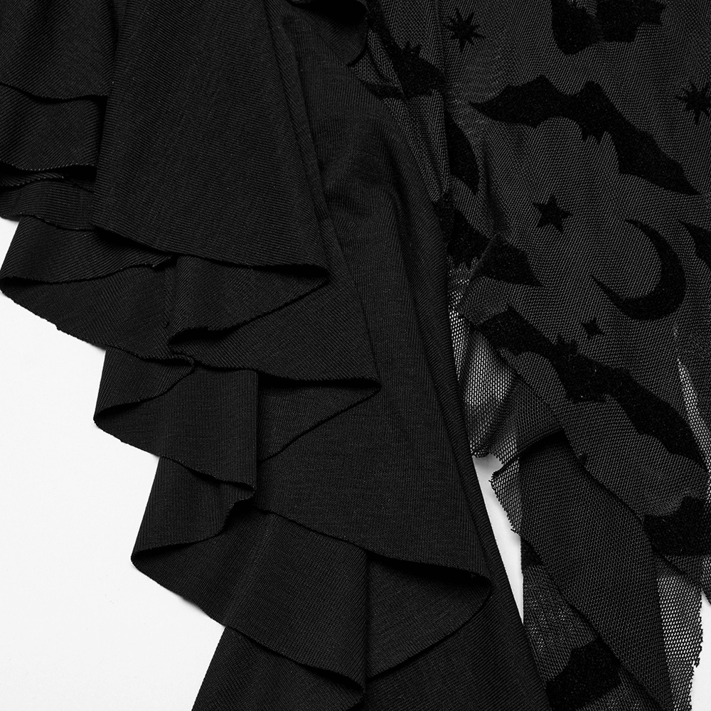 Gothic Black Bat Mesh Dress with Ruffled Hem and Sleeves