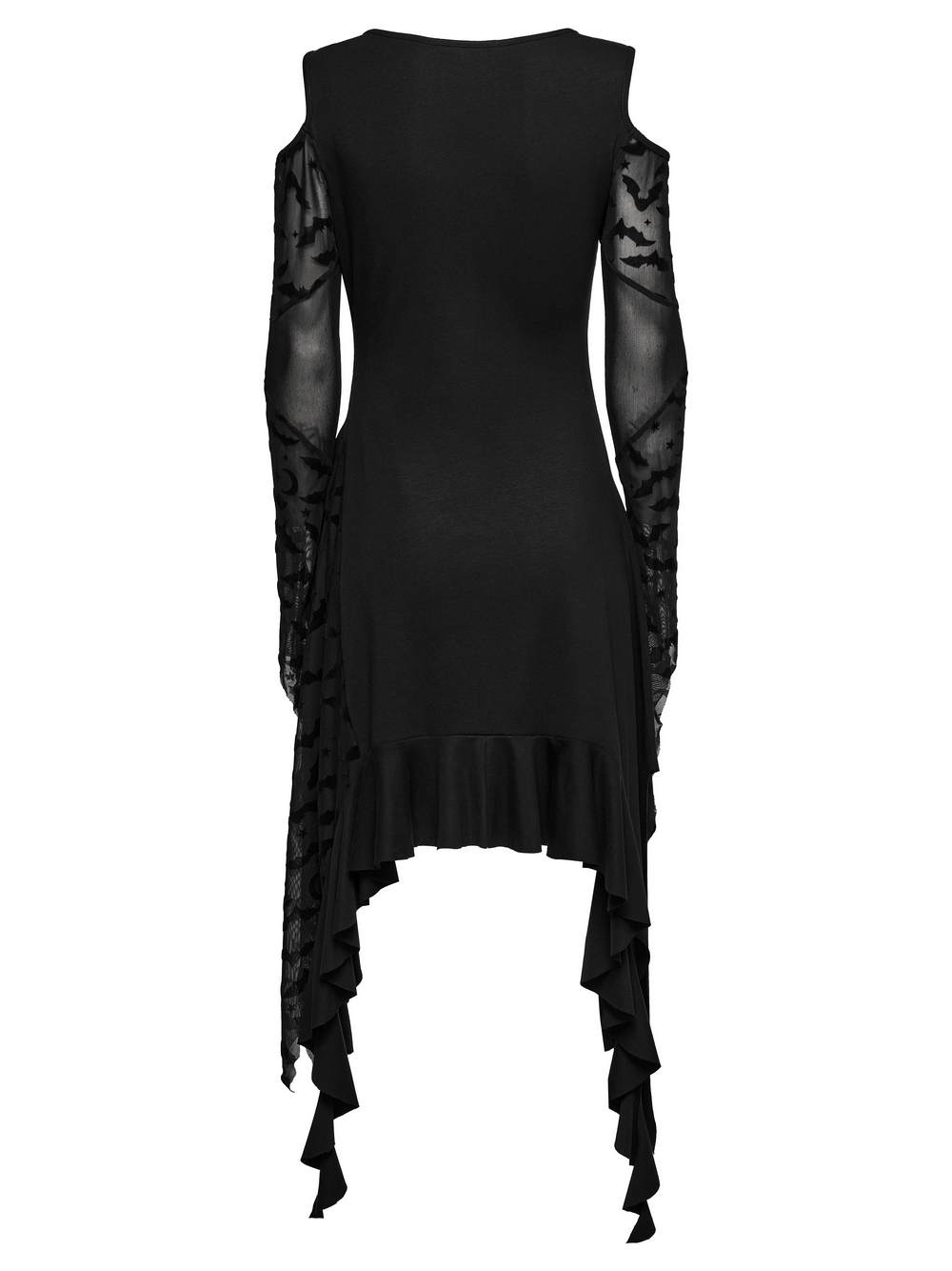 Gothic Black Bat Mesh Dress with Ruffled Hem and Sleeves