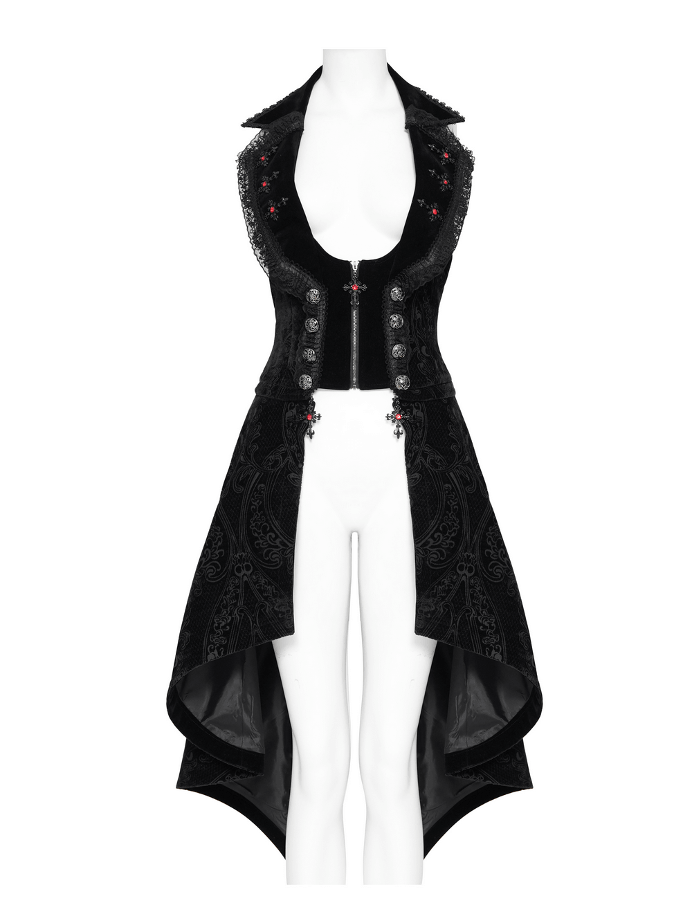 Gothic Black Brocade Tailcoat Waistcoat with Lace Details