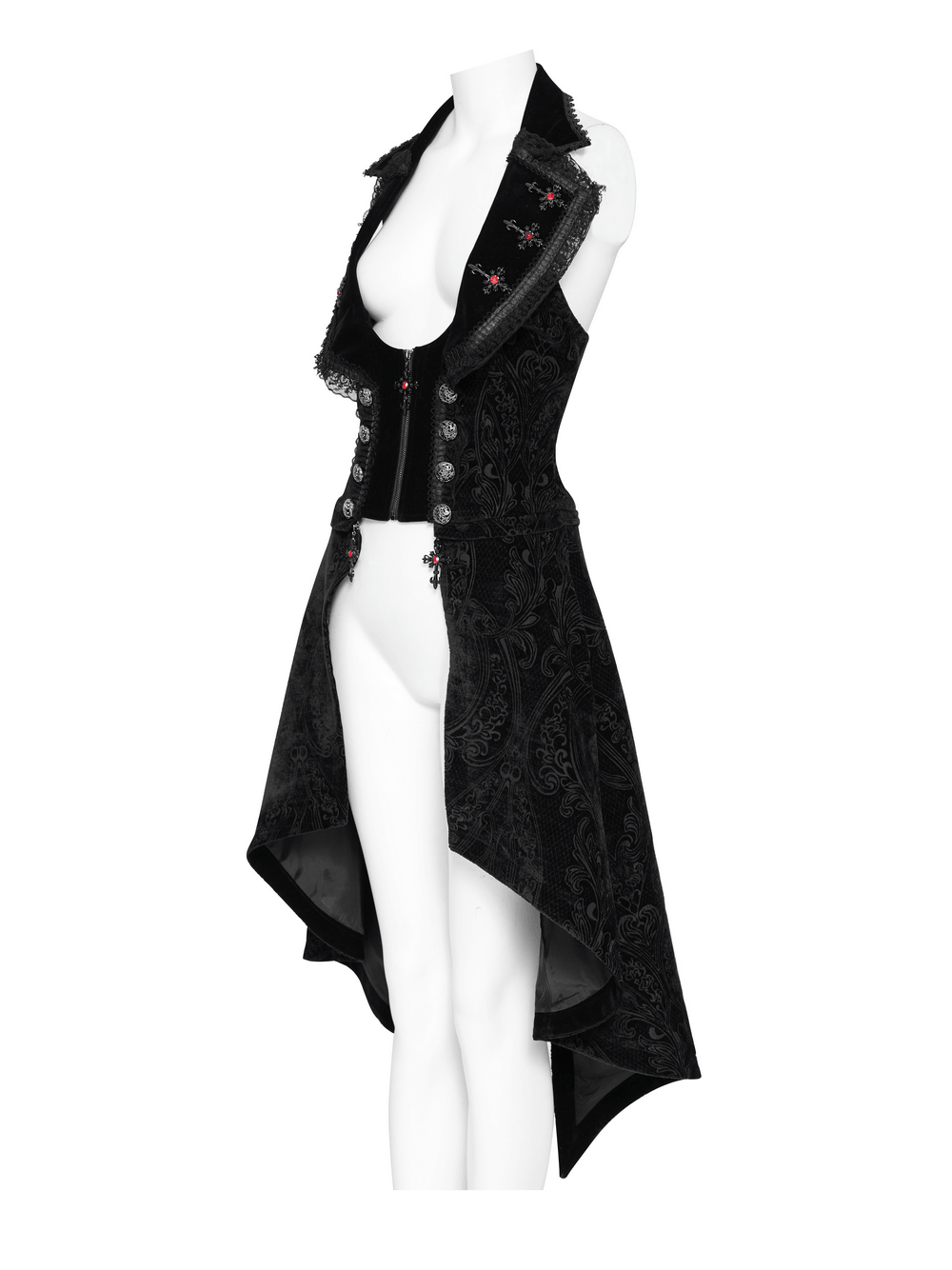Gothic Black Brocade Tailcoat Waistcoat with Lace Details