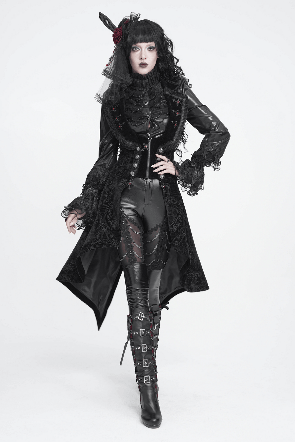 Gothic Black Brocade Tailcoat Waistcoat with Lace Details