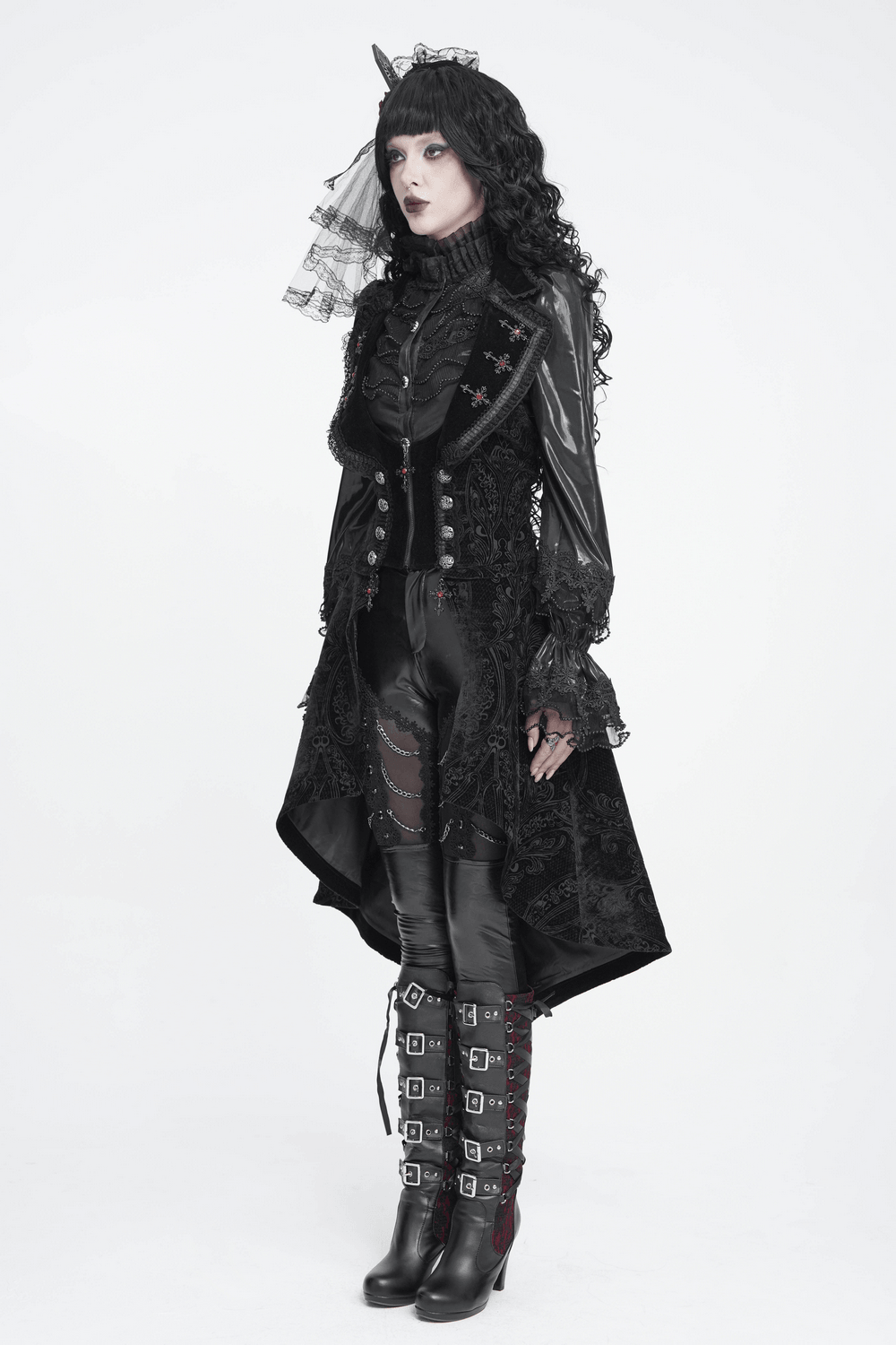 Gothic Black Brocade Tailcoat Waistcoat with Lace Details
