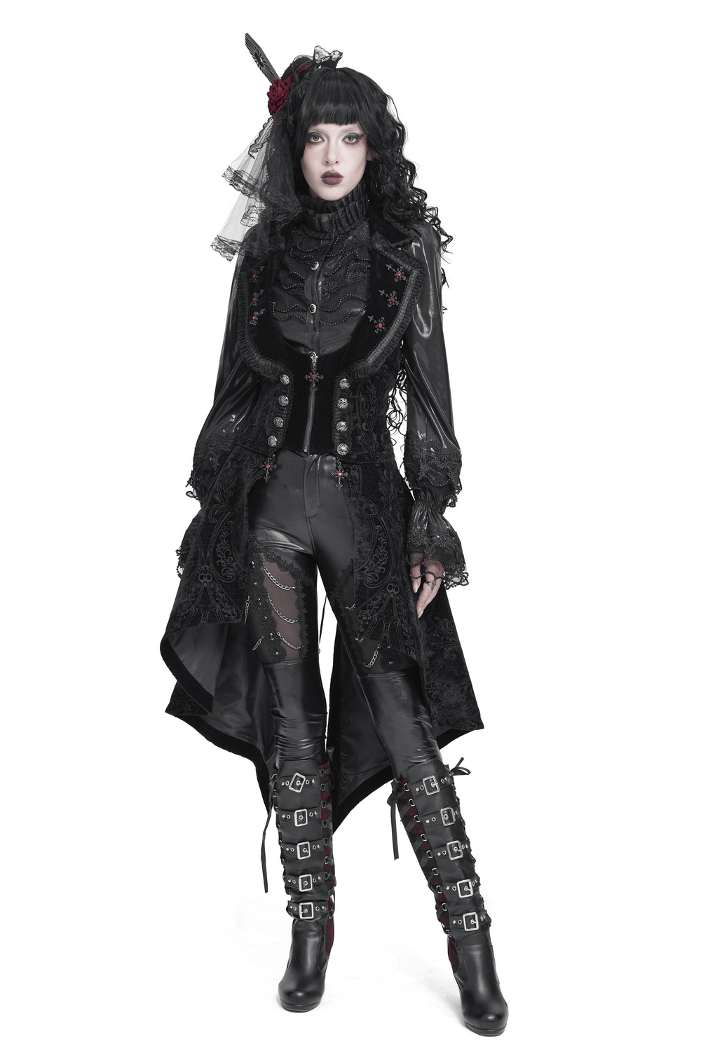 Gothic Black Brocade Tailcoat Waistcoat with Lace Details