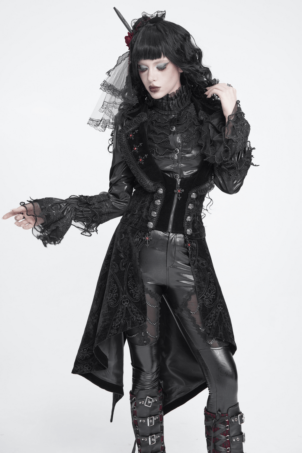 Gothic Black Brocade Tailcoat Waistcoat with Lace Details