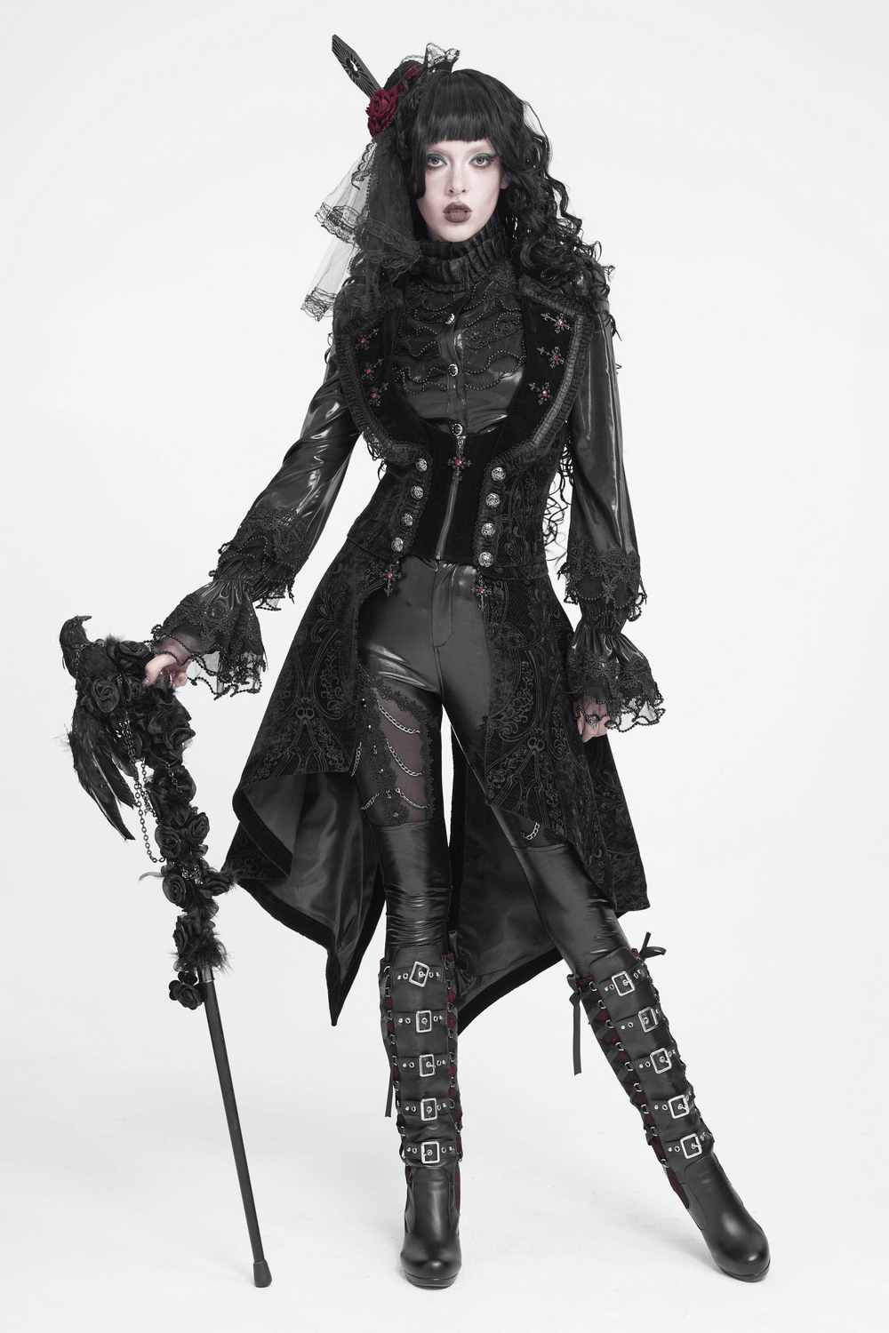 Gothic Black Brocade Tailcoat Waistcoat with Lace Details