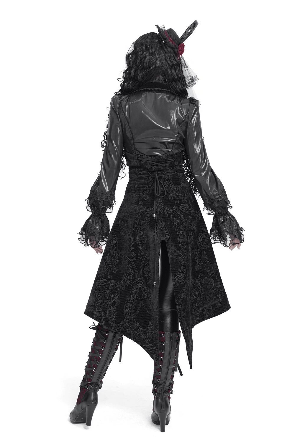 Gothic Black Brocade Tailcoat Waistcoat with Lace Details