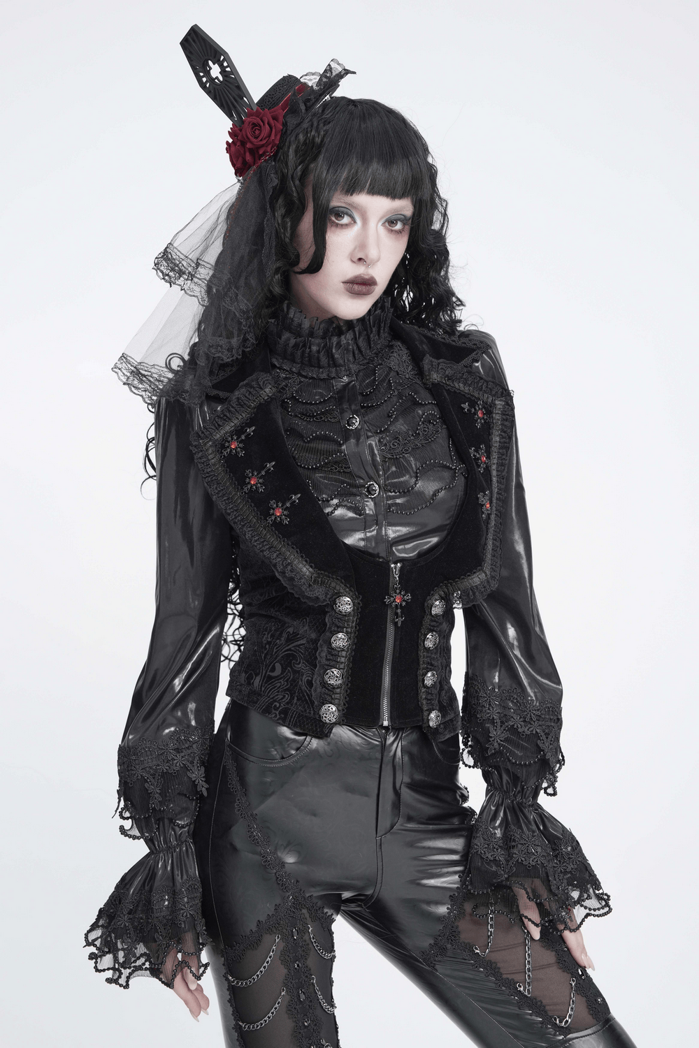 Gothic Black Brocade Tailcoat Waistcoat with Lace Details