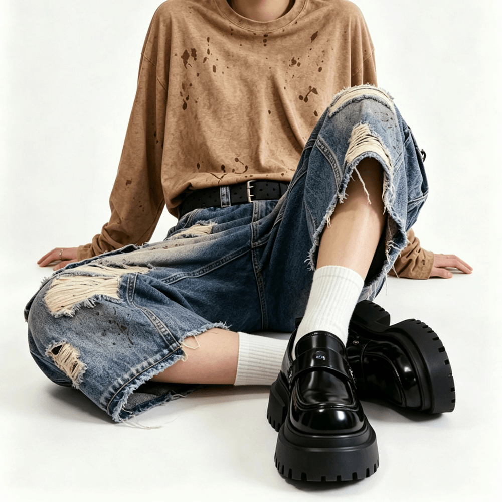 Gothic Black Chunky Platform Loafers with Eye Detail
