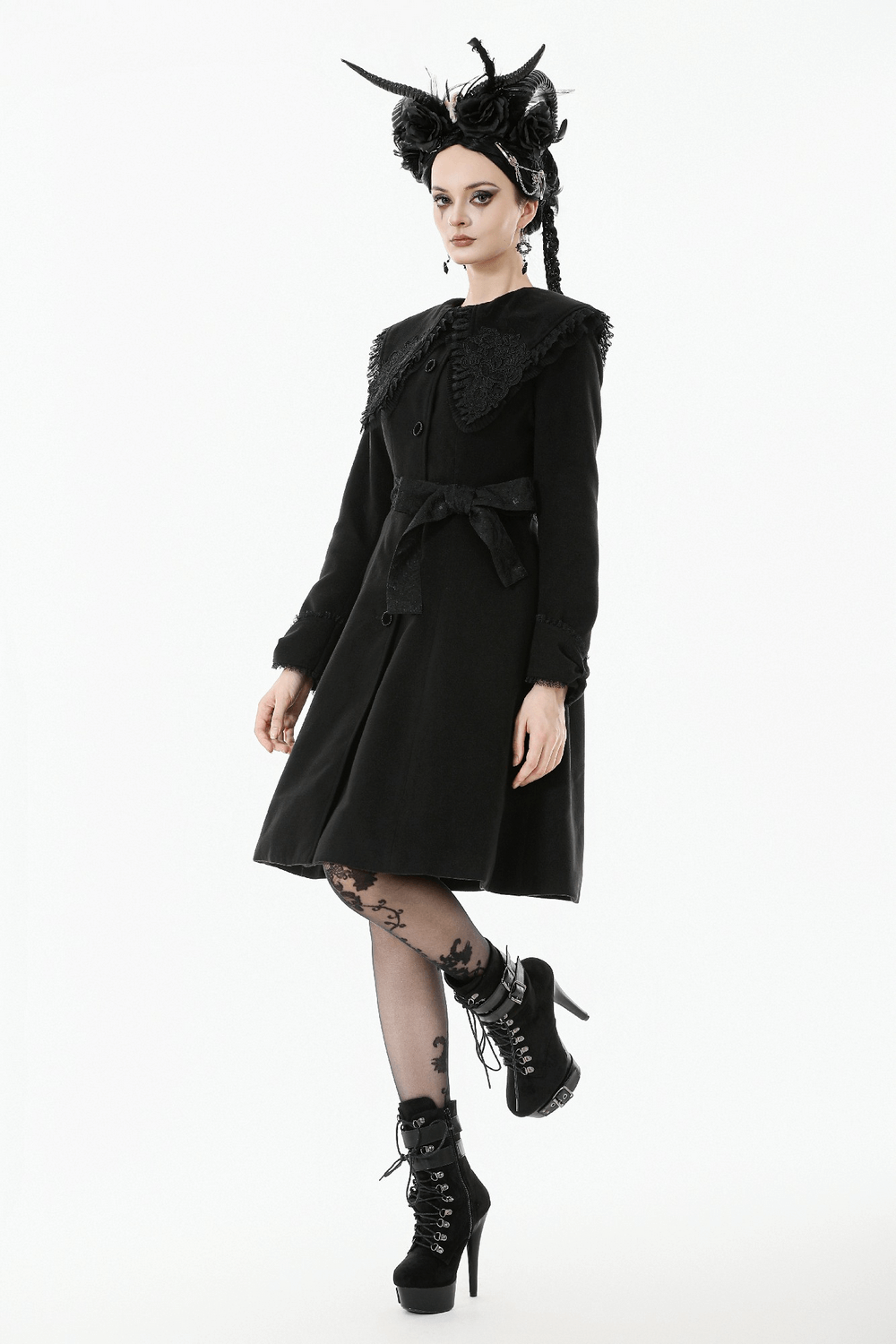 Gothic Black Coat with Lace Collar and Bow Detail