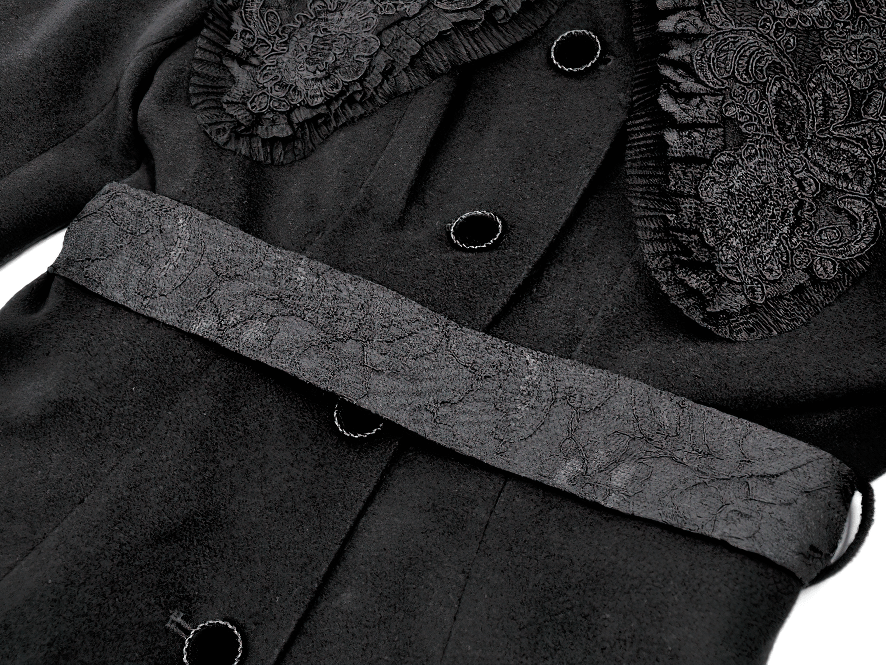 Gothic Black Coat with Lace Collar and Bow Detail