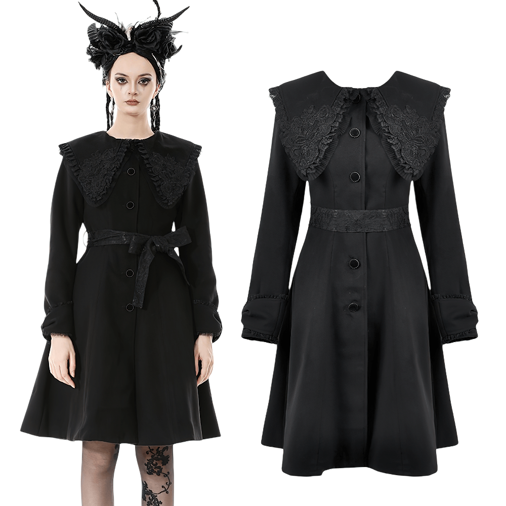 Gothic Black Coat with Lace Collar and Bow Detail