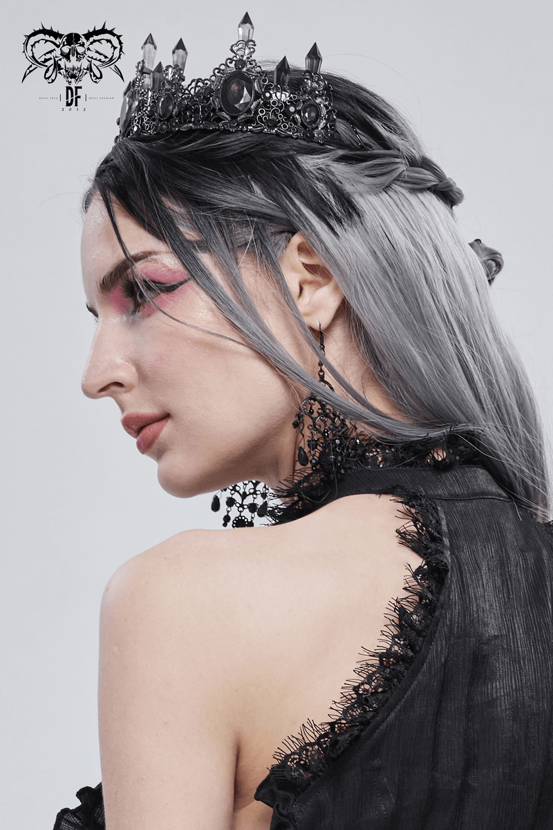 Gothic Black Crystal Stone Crown / Retro Delicate Women's Tiara / Ladies Headdress