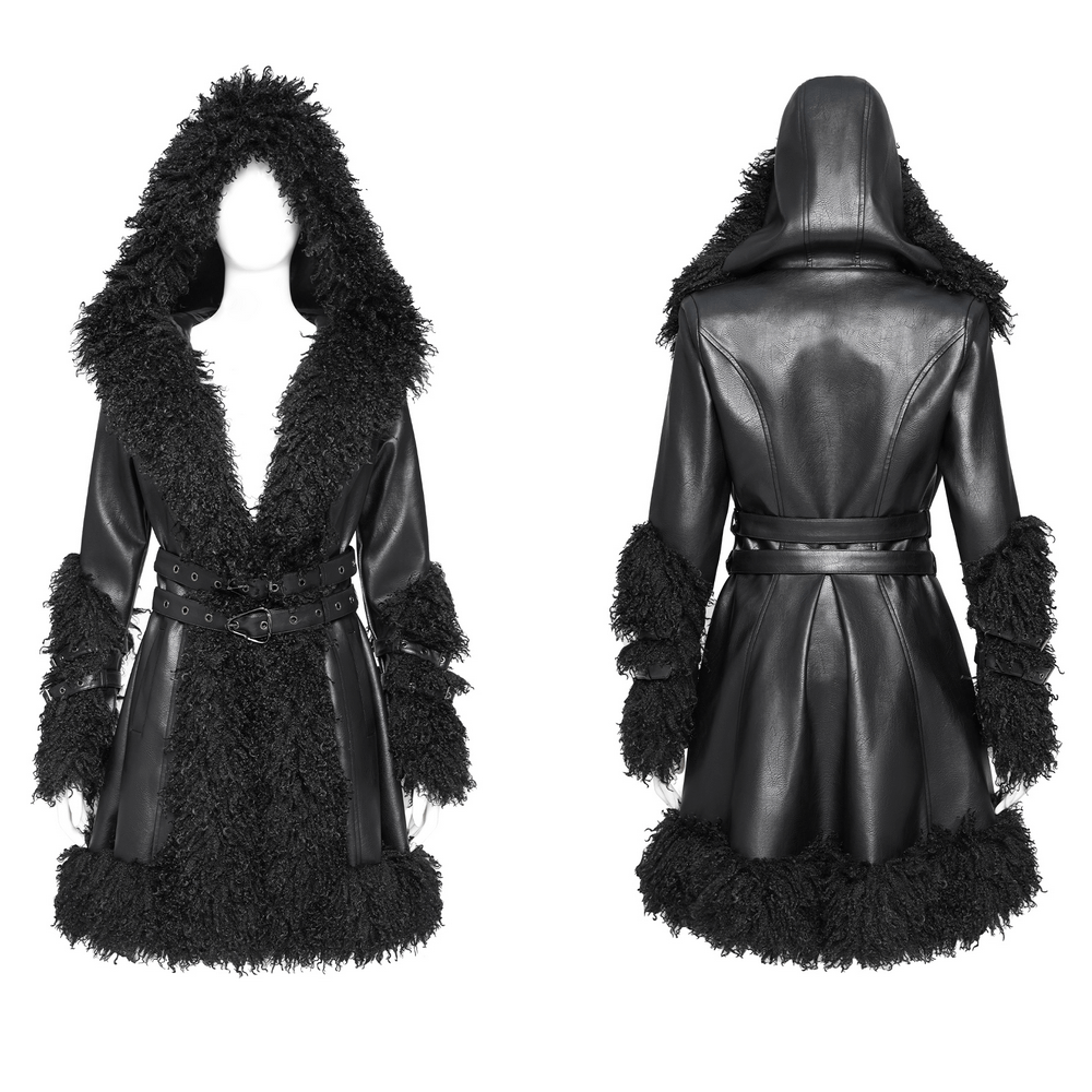 Gothic Black Faux Leather Hooded Coat with Fur Trim