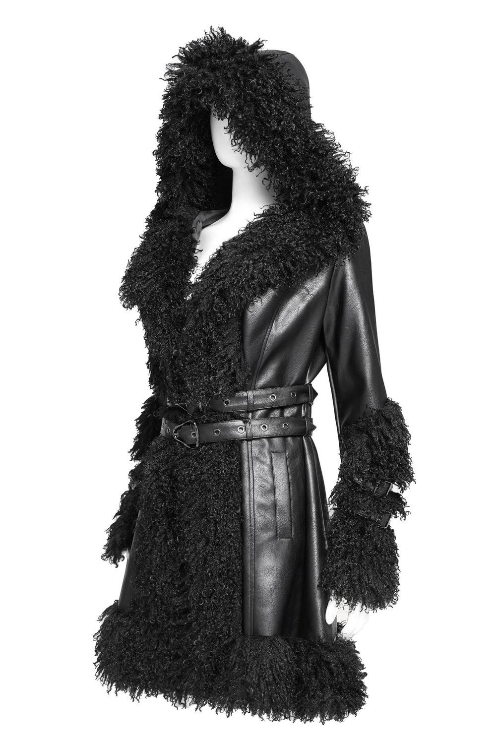 Gothic Black Faux Leather Hooded Coat with Fur Trim