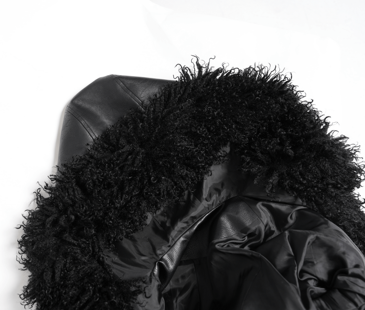 Gothic Black Faux Leather Hooded Coat with Fur Trim