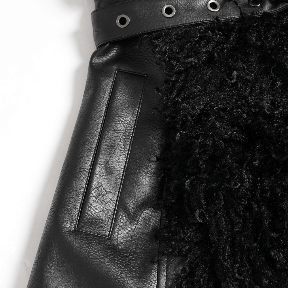 Gothic Black Faux Leather Hooded Coat with Fur Trim