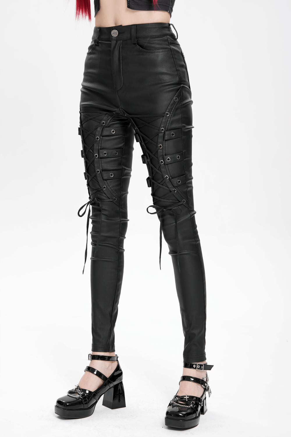 Gothic Black Faux Leather Pants with Lace Up Straps