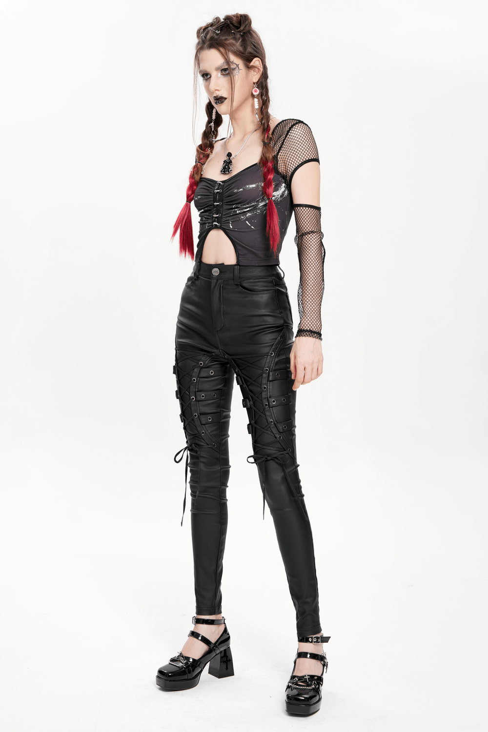 Gothic Black Faux Leather Pants with Lace Up Straps