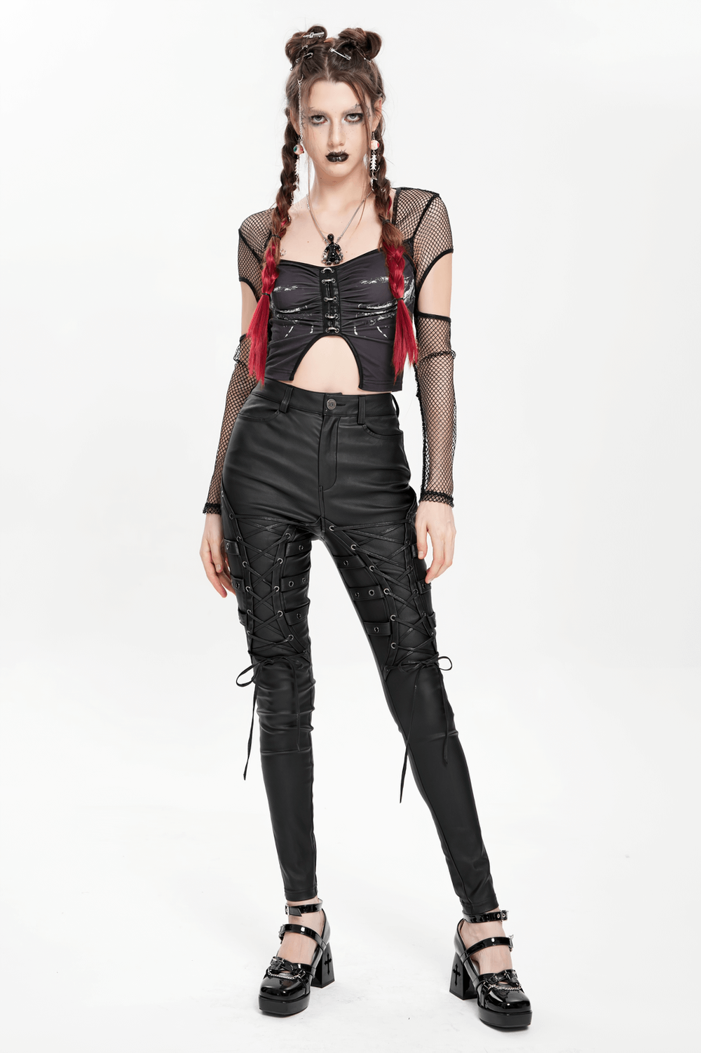 Gothic Black Faux Leather Pants with Lace Up Straps