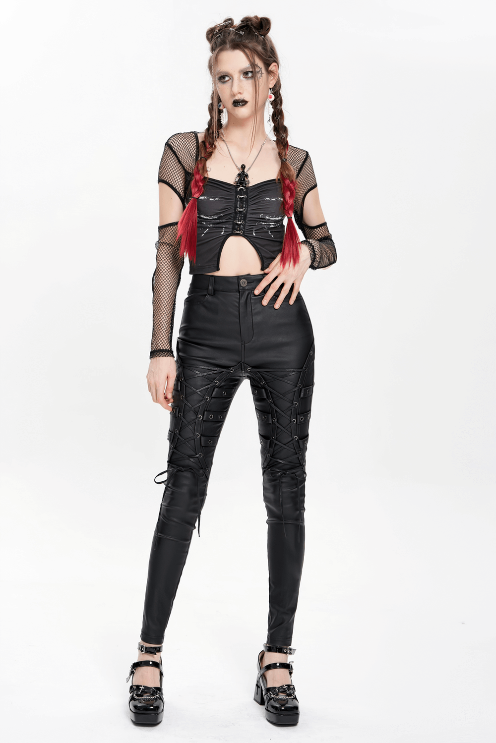 Gothic Black Faux Leather Pants with Lace Up Straps
