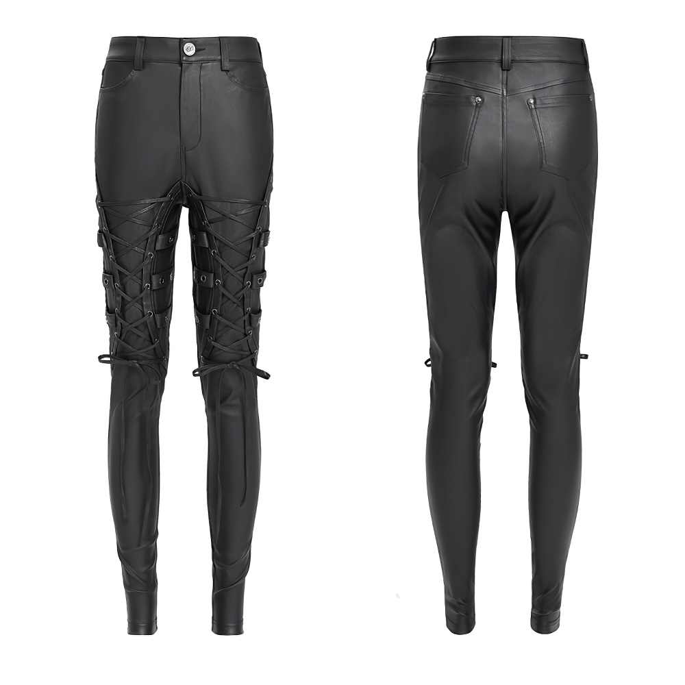 Gothic Black Faux Leather Pants with Lace Up Straps