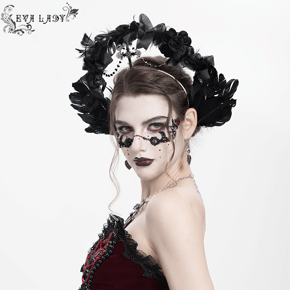 Gothic Black Halo Crown with Feathers and Cross Decor