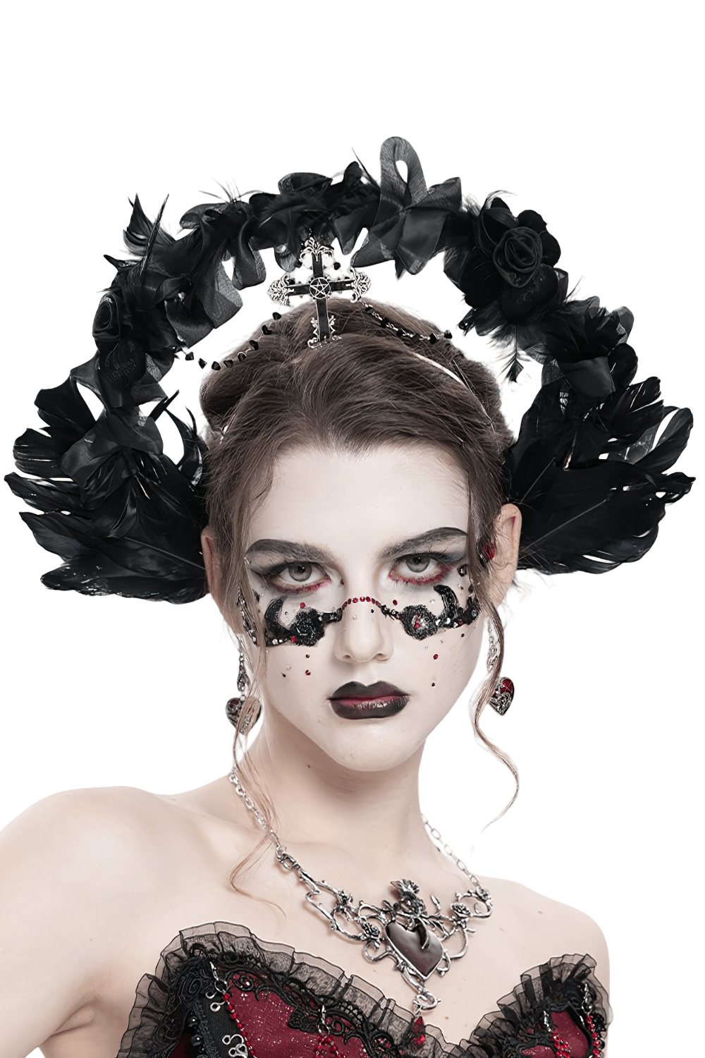 Gothic Black Halo Crown with Feathers and Cross Decor