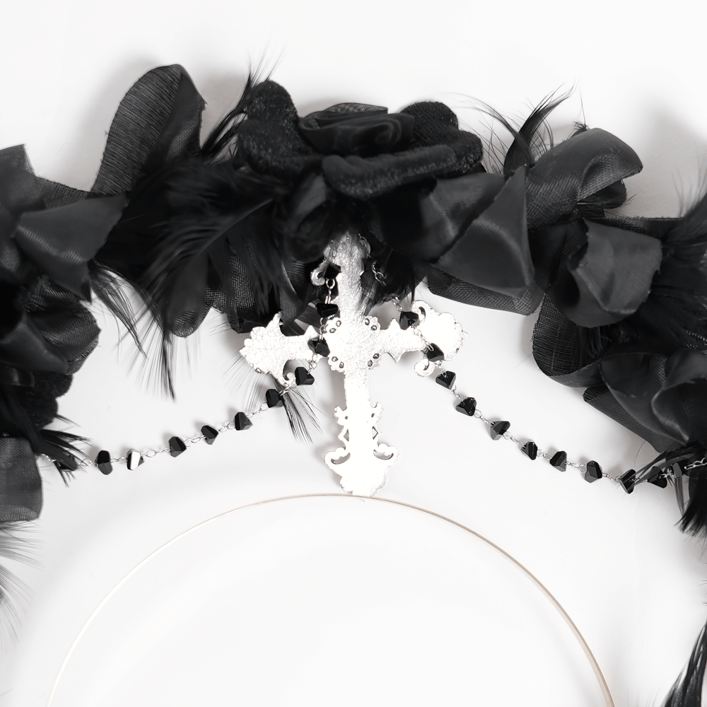 Gothic Black Halo Crown with Feathers and Cross Decor