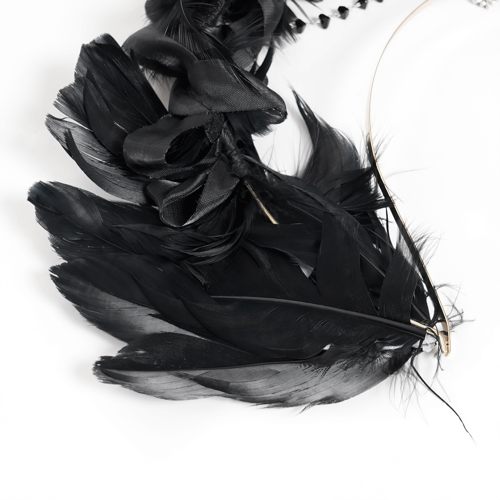 Gothic Black Halo Crown with Feathers and Cross Decor