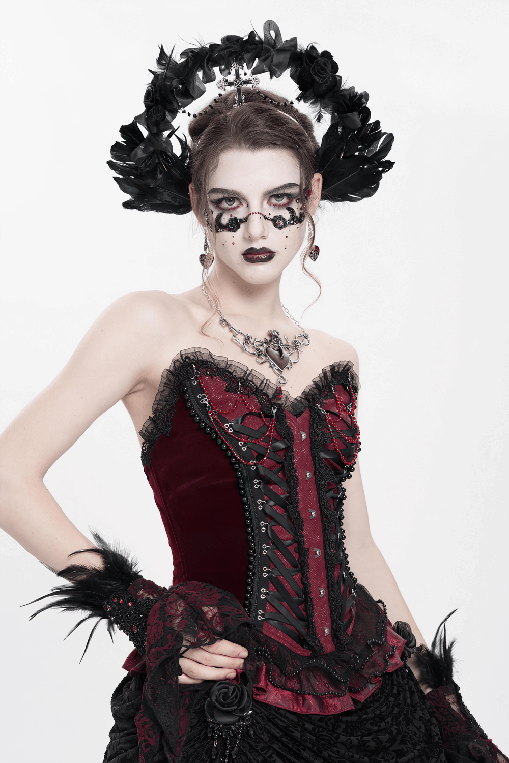 Gothic Black Halo Crown with Feathers and Cross Decor