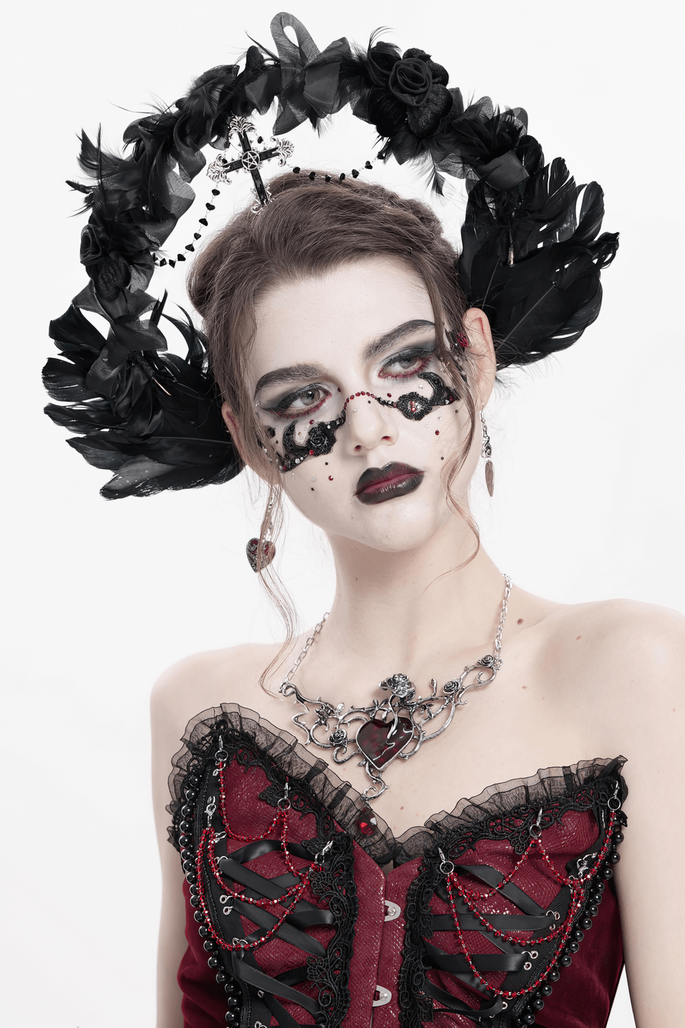 Gothic Black Halo Crown with Feathers and Cross Decor